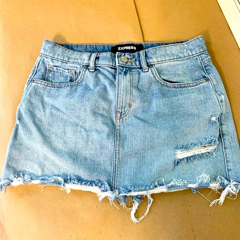 Express Denim Distressed Mini Skirt